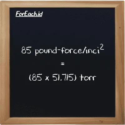 Cara konversi pound-force/inci<sup>2</sup> ke torr (lbf/in<sup>2</sup> ke torr): 85 pound-force/inci<sup>2</sup> (lbf/in<sup>2</sup>) setara dengan 85 dikalikan dengan 51.715 torr (torr)